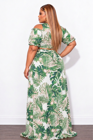 Final Sale Plus Size 2pc Faux Wrap Crop Tie Top and Double Slit Skirt Set in Pink & Green Leaf Print