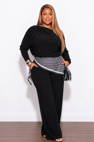 Final Sale Plus Size 3pc Off The Shoulder Pant Set in Black with Scarf