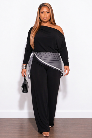 Final Sale Plus Size 3pc Off The Shoulder Pant Set in Black with Scarf