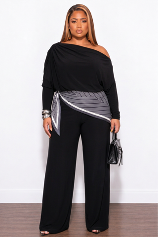 Final Sale Plus Size 3pc Off The Shoulder Pant Set in Black with Scarf