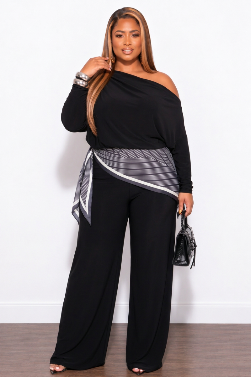 Final Sale Plus Size 3pc Off The Shoulder Pant Set in Black with Scarf