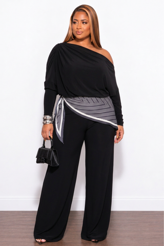 Final Sale Plus Size 3pc Off The Shoulder Pant Set in Black with Scarf
