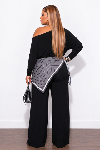 Final Sale Plus Size 3pc Off The Shoulder Pant Set in Black with Scarf