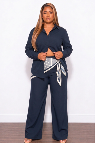 Final Sale Plus Size 3pc Pant Set in Navy with Scarf