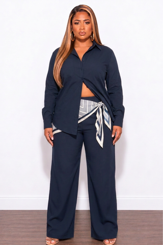 Final Sale Plus Size 3pc Pant Set in Navy with Scarf