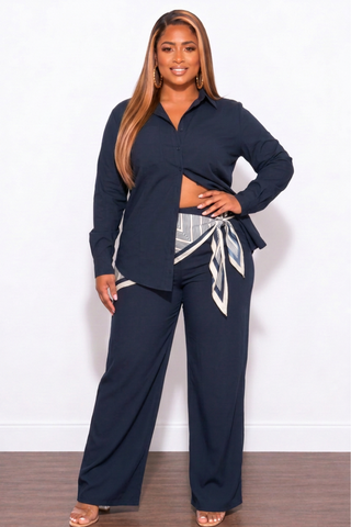Final Sale Plus Size 3pc Pant Set in Navy with Scarf