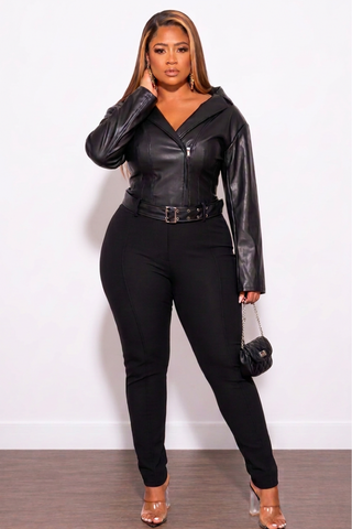 Final Sale Plus Size Jumpsuit with Faux Leather Top and Bandage Bottom in Black