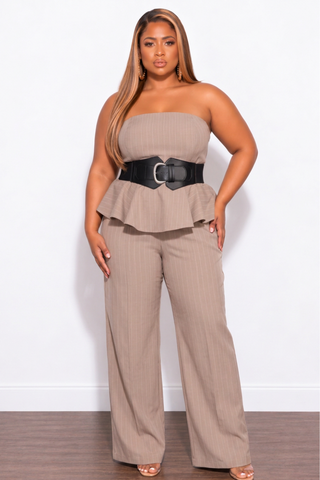 Final Sale Plus Size Pinstripe Belted Wide Leg Jumpsuit in Tan with Black Belt