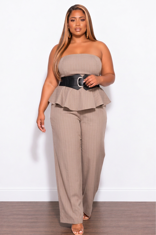 Final Sale Plus Size Pinstripe Belted Wide Leg Jumpsuit in Tan with Black Belt