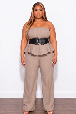 Final Sale Plus Size Pinstripe Belted Wide Leg Jumpsuit in Tan with Black Belt