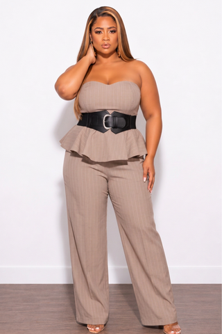 Final Sale Plus Size Pinstripe Belted Wide Leg Jumpsuit in Tan with Black Belt