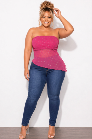Final Sale Plus Size Sheer Asymmetrical Tube Top in Fuchsia Pink & Red with Diamond Pattern