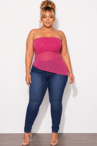 Final Sale Plus Size Sheer Asymmetrical Tube Top in Fuchsia Pink & Red with Diamond Pattern