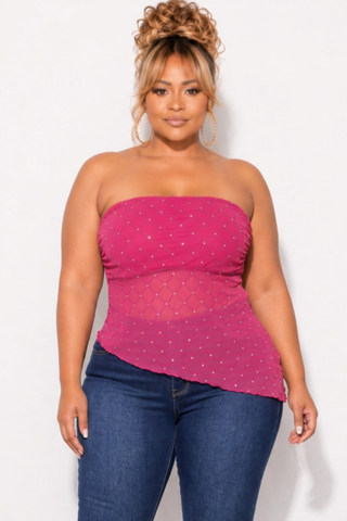 Final Sale Plus Size Sheer Asymmetrical Tube Top in Fuchsia Pink & Red with Diamond Pattern