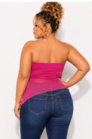 Final Sale Plus Size Sheer Asymmetrical Tube Top in Fuchsia Pink & Red with Diamond Pattern