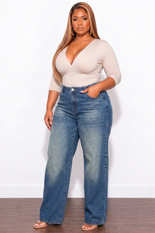 Final Sale Plus Size Fitted Stretchy High Waist Wide Leg Jeans In Denim Dark Wash
