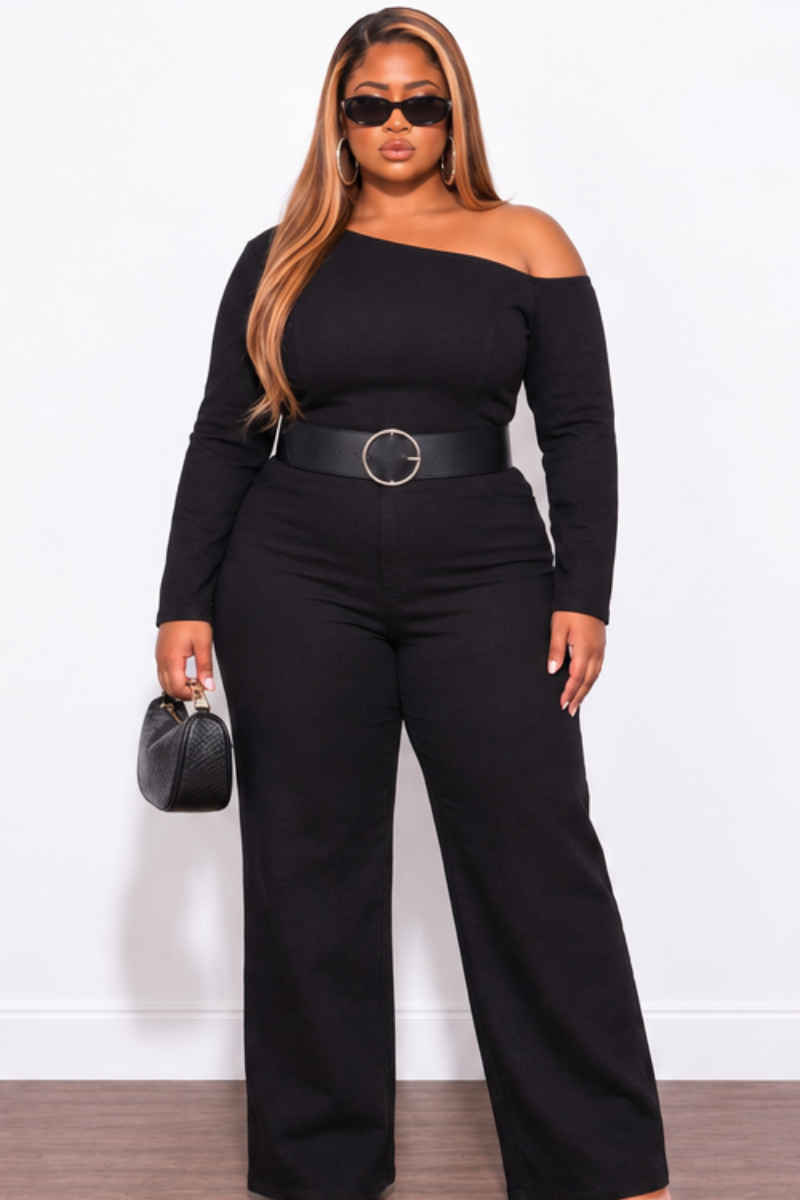 Final Sale Plus Size Belted Denim Wide Leg Jumpsuit in Black