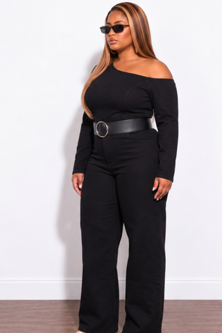 Final Sale Plus Size Belted Denim Wide Leg Jumpsuit in Black