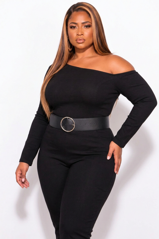Final Sale Plus Size Belted Denim Wide Leg Jumpsuit in Black