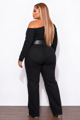 Final Sale Plus Size Belted Denim Wide Leg Jumpsuit in Black