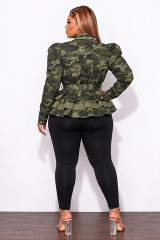 Final Sale Plus Size Peplum Camo Jacket with Pearls