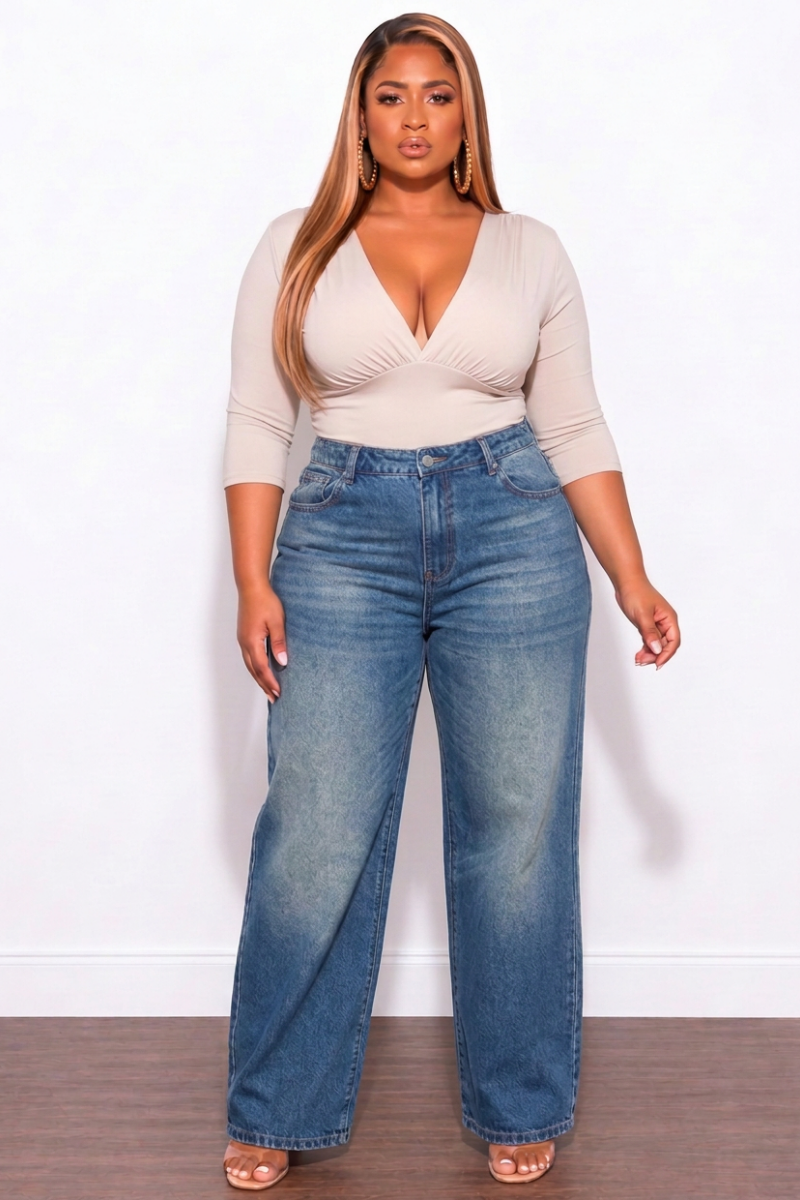 Final Sale Plus Size Fitted Stretchy High Waist Wide Leg Jeans In Denim Dark Wash