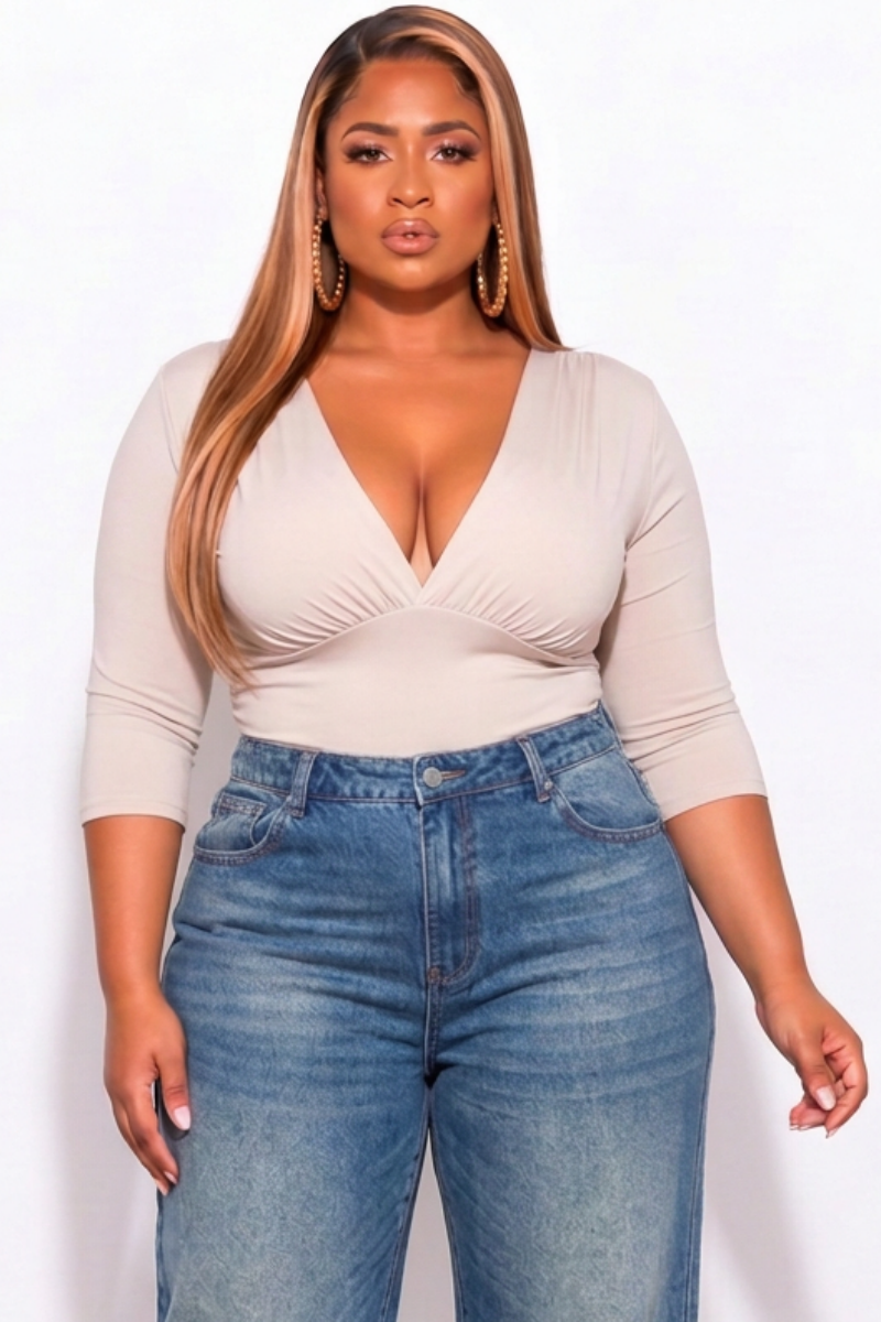 Final Sale Plus Size Deep V Top with Ruched Sides in Tan Taupe