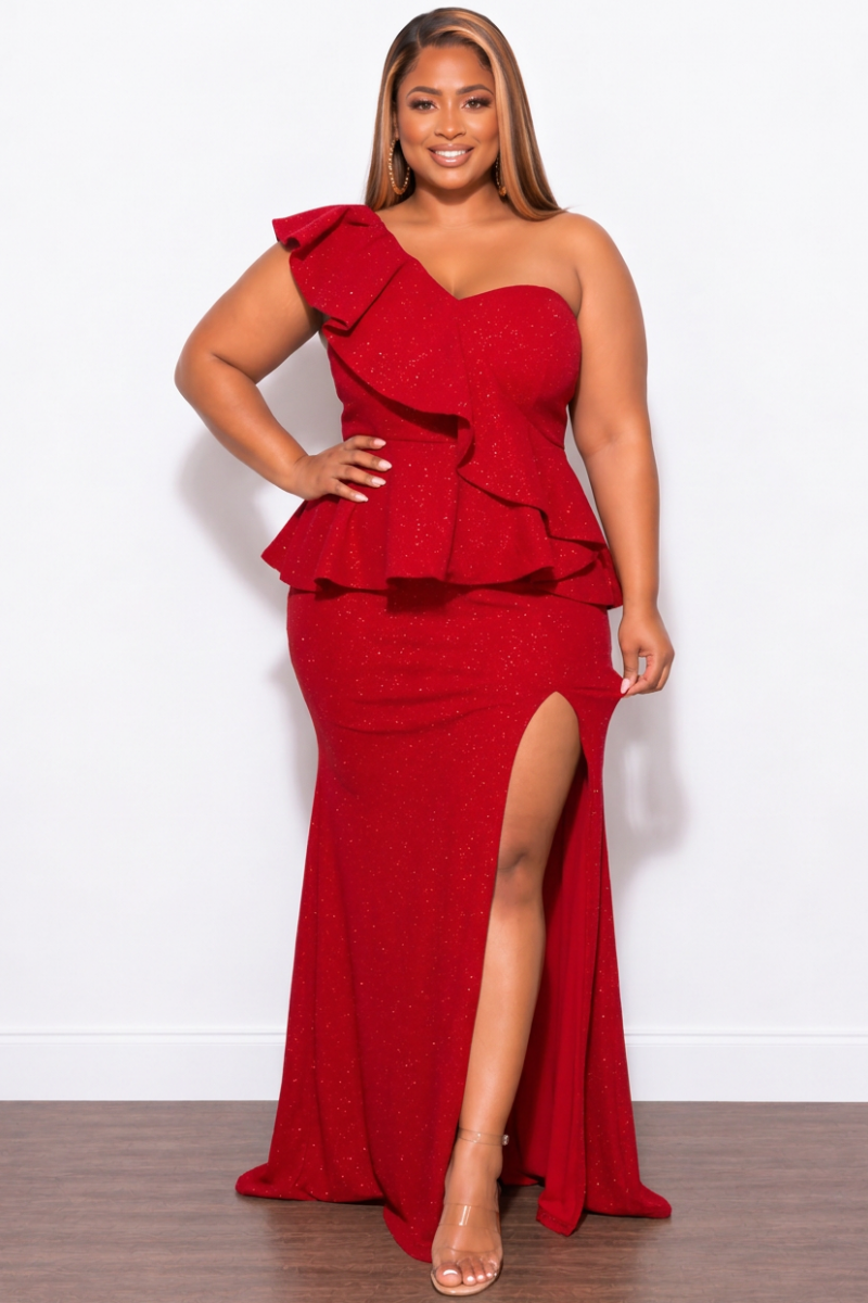 Final Sale Plus Size One Shoulder Layered Ruffle Gown in Red Glitter