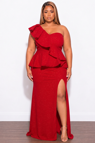 Final Sale Plus Size One Shoulder Layered Ruffle Gown in Red Glitter