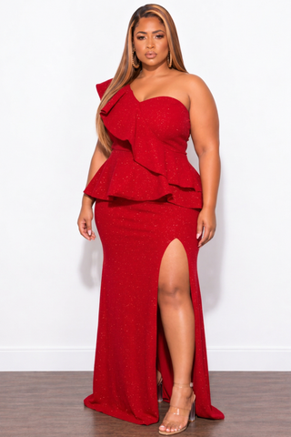 Final Sale Plus Size One Shoulder Layered Ruffle Gown in Red Glitter
