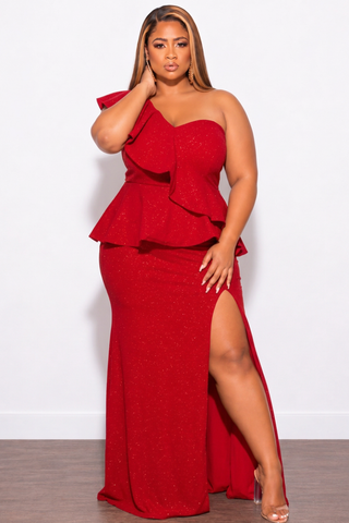 Final Sale Plus Size One Shoulder Layered Ruffle Gown in Red Glitter