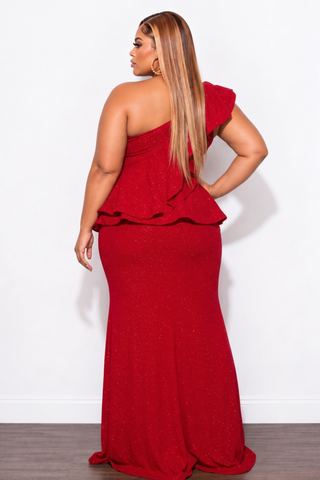 Final Sale Plus Size One Shoulder Layered Ruffle Gown in Red Glitter