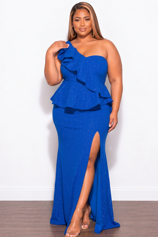 Final Sale Plus Size One Shoulder Layered Ruffle Gown in Royal Blue Glitter
