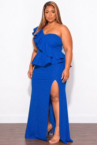 Final Sale Plus Size One Shoulder Layered Ruffle Gown in Royal Blue Glitter