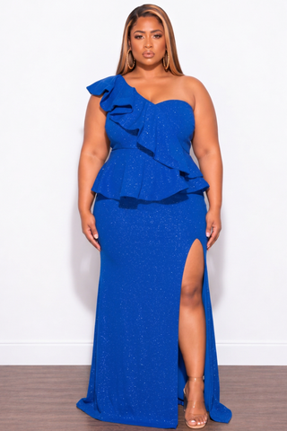 Final Sale Plus Size One Shoulder Layered Ruffle Gown in Royal Blue Glitter