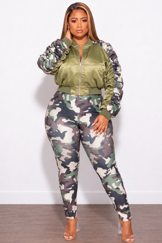 Final Sale Plus Size 2pc Satin Crop Zip Up Jacket and Legging Set in Camouflage Print