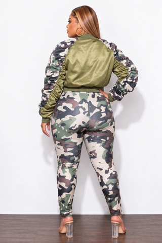 Final Sale Plus Size 2pc Satin Crop Zip Up Jacket and Legging Set in Camouflage Print