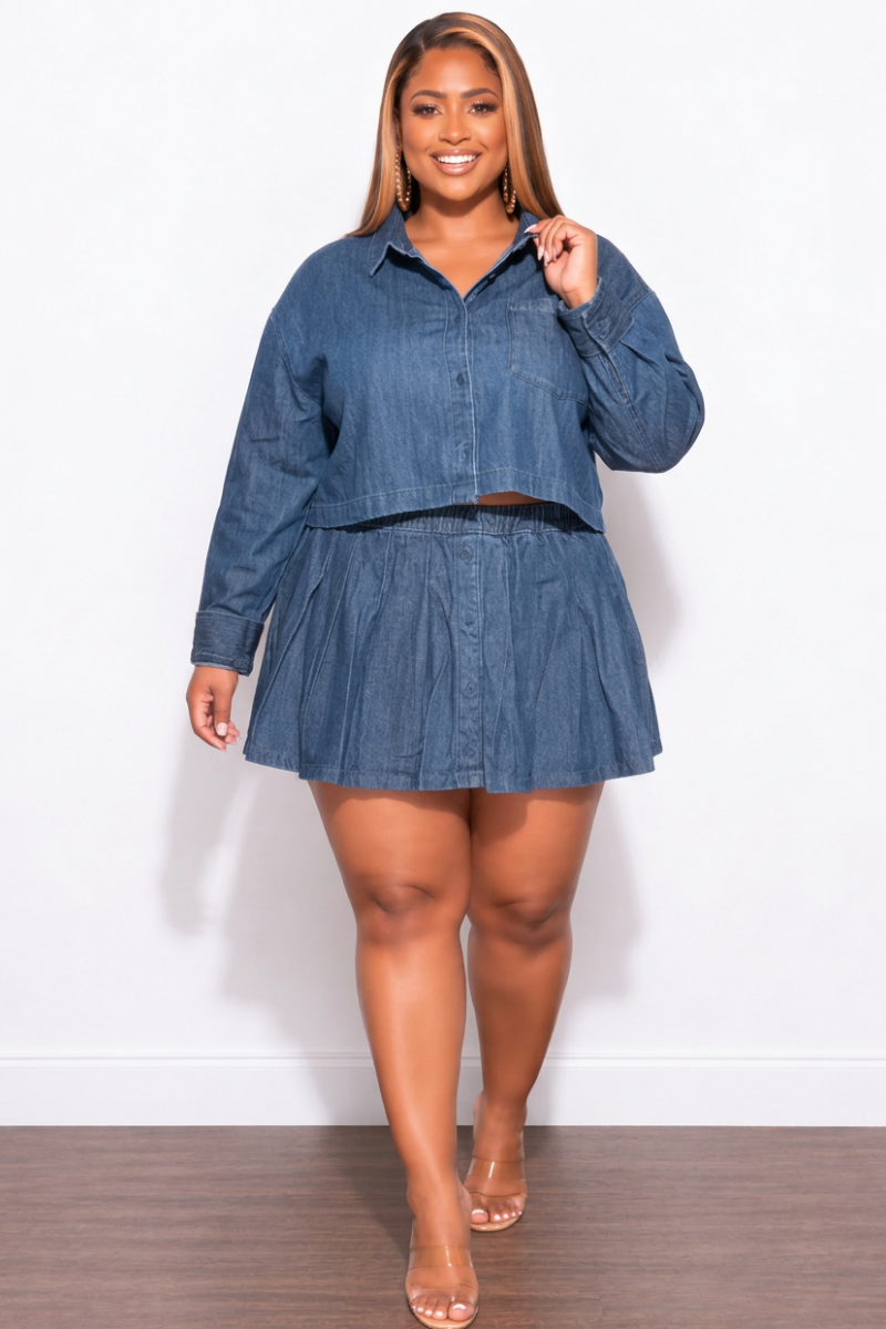 Final Sale Plus Size 2pc Cropped Button Up Top and Pleated Skirt Set in Denim (Set)