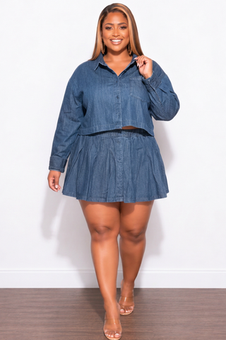 Final Sale Plus Size 2pc Cropped Button Up Top and Pleated Skirt Set in Denim (Set)