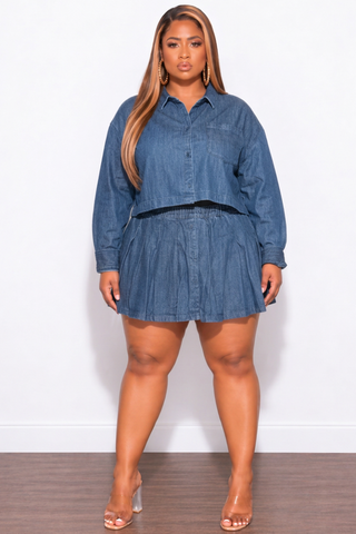 Final Sale Plus Size 2pc Cropped Button Up Top and Pleated Skirt Set in Denim (Set)