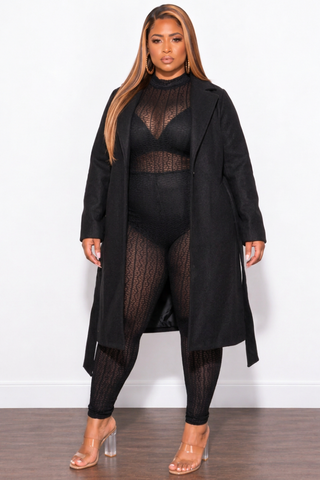 Final Sale Plus Size Wool Trench Coat with Tie in  Black