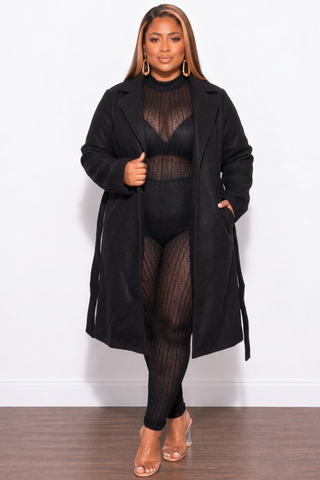 Final Sale Plus Size Wool Trench Coat with Tie in  Black