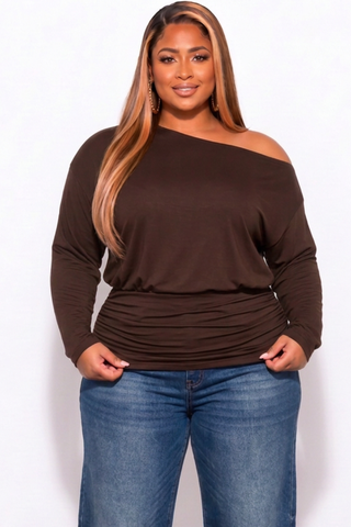 Final Sale Plus Size Off The Shoulder Top In Brown