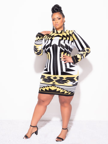 Final Sale Plus Size Long Sleeve Mock Neck BodyCon Sweater Dress in Black White and Yellow