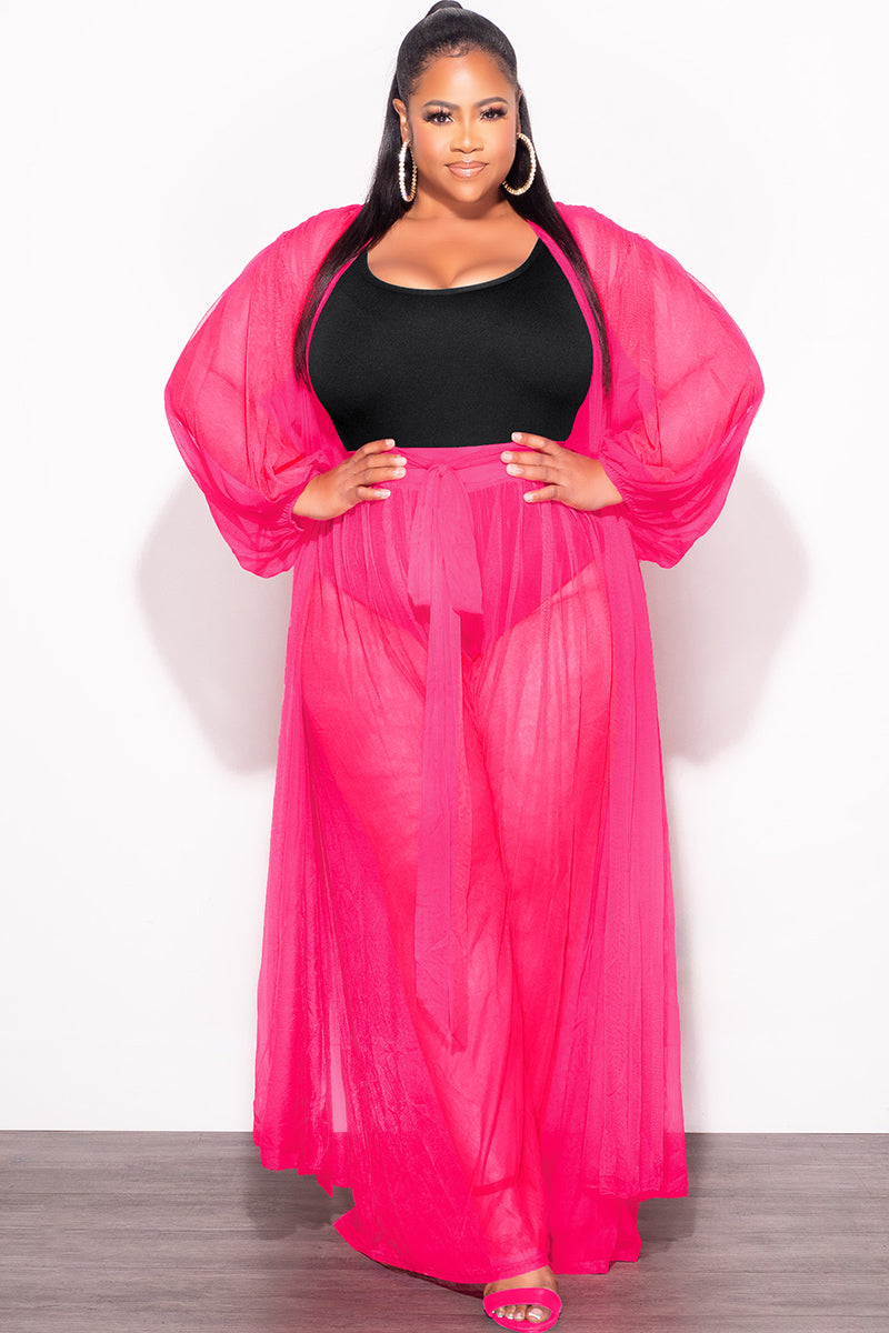 Final Sale Plus Size 2pc Sheer Duster and Pants Set in Fuchsia