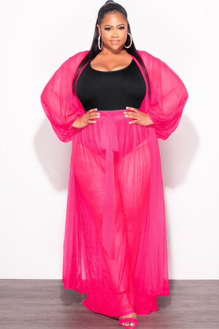 Final Sale Plus Size 2pc Sheer Duster and Pants Set in Fuchsia