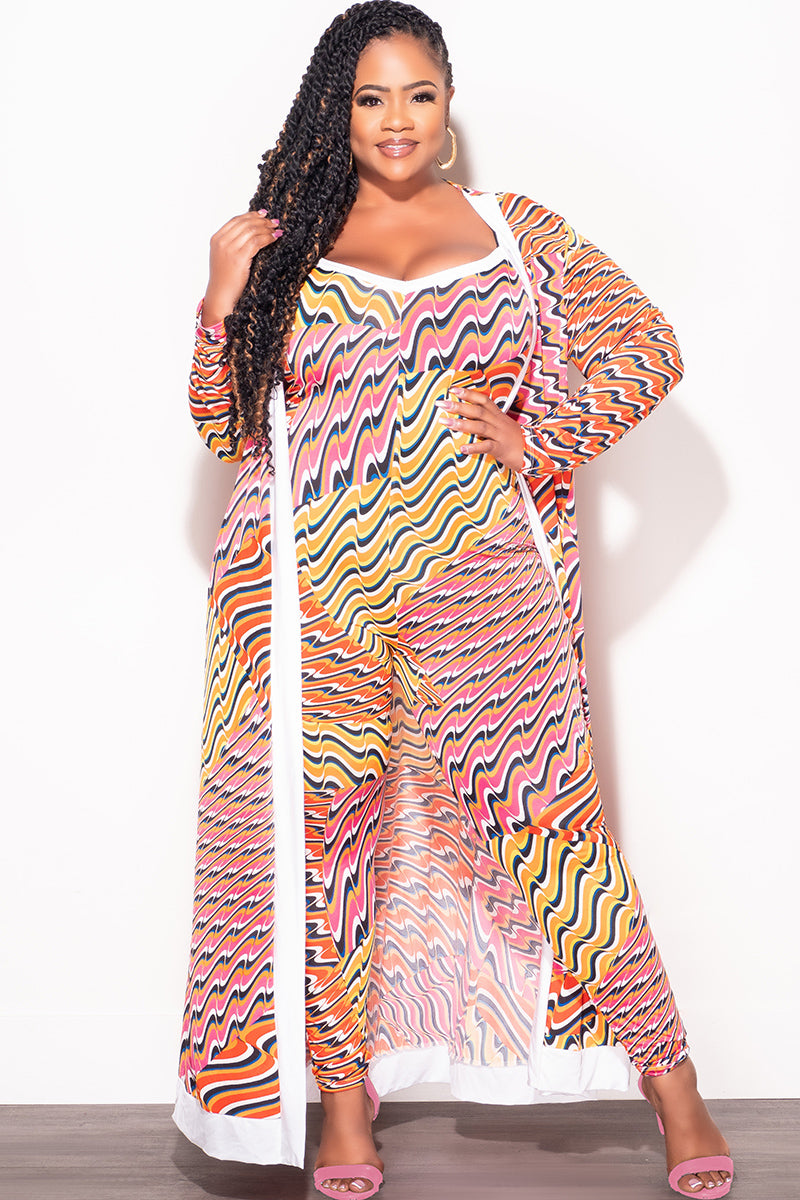 Final Sale Plus Size 2pc Duster & Spaghetti Strap Jumpsuit Set in Orange Multi Color Print