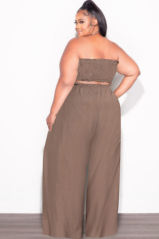 Final Sale Plus Size 2pc Strapless Crop Top and Flare Pants Set In Mocha Brown