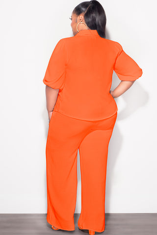 Final Sale Plus Size 2pc Button Up Collar Top and Pants Set in Orange Linen