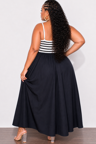 Final Sale Plus Size Maxi Dress With Sweater Knit Top with Cut-Out In Navy and White